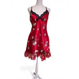 Vintage Y2K Red Black Lace Floral Mini Slip Style Dress Nightie Size Medium